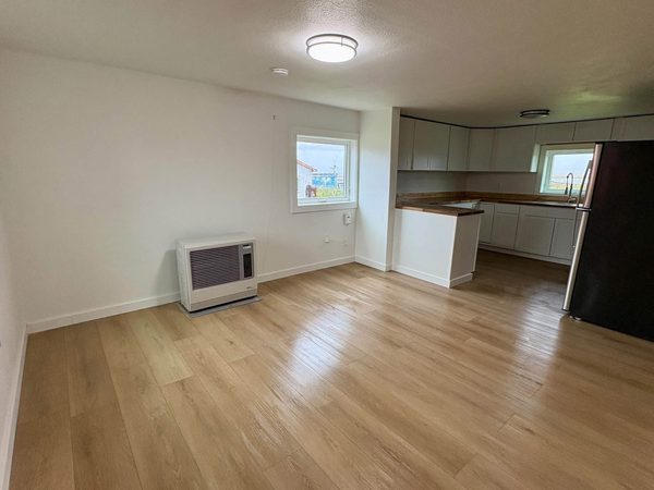 Open living area with plank flooring leading to a kitchen with white cabinets