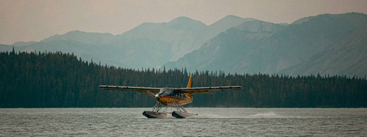 Small plane flying low over water and forest