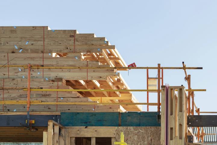 Exposed timber framing and scaffolding
